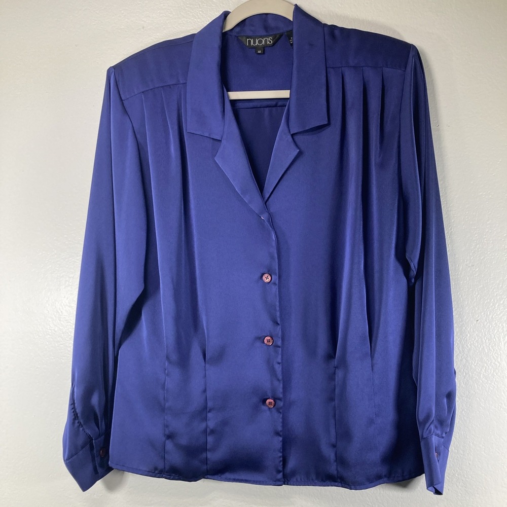 VTG Nuons Women's 12 Navy Satin Button Up Blouse Shoulder Pads
